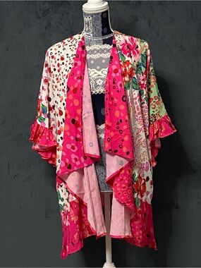 Umgee Kimono Cardigan Womens M/L Colorful Mixed Print Short Sleeve Swim Cover Up